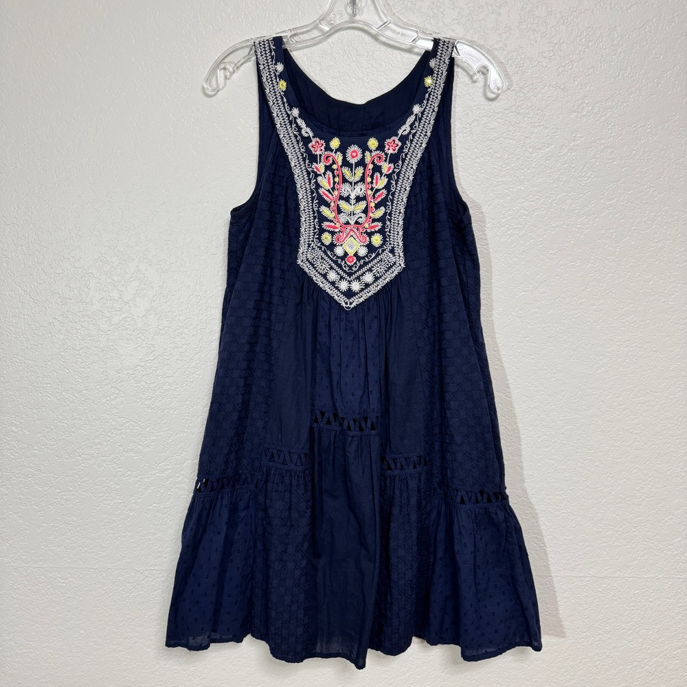 Maeve Anthropologie Tisa Dress Womens Medium Navy‎ Blue Embroidered Cotton Swing